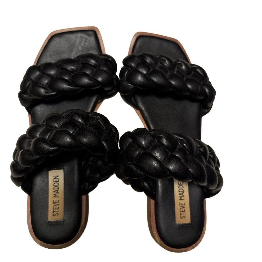 Steve Madden Black Braided Slide Sandals Women 7.5 Square Toe Puffy Strap Shoes